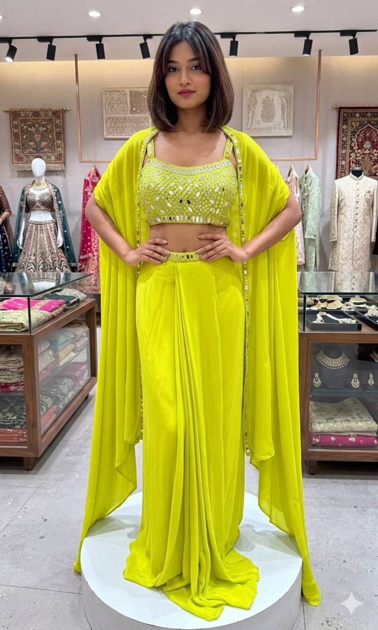 Lime Yellow Mirror Work Salwar Suit Party Wear with Long Shrug