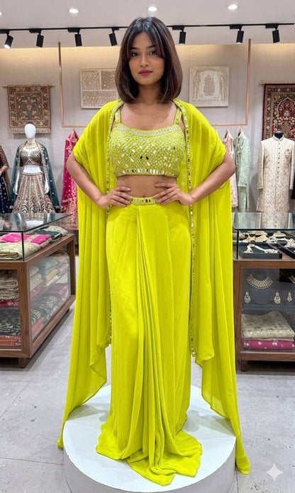 Lime Yellow Mirror Work Salwar Suit Party Wear with Long Shrug