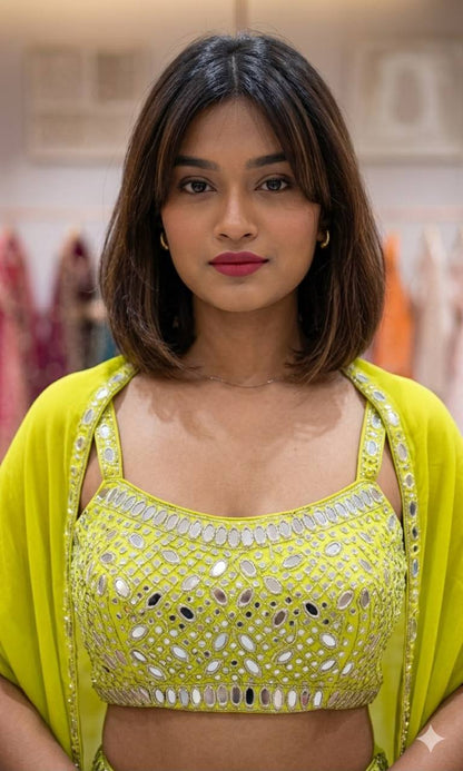Lime Yellow Mirror Work Salwar Suit Party Wear with Long Shrug