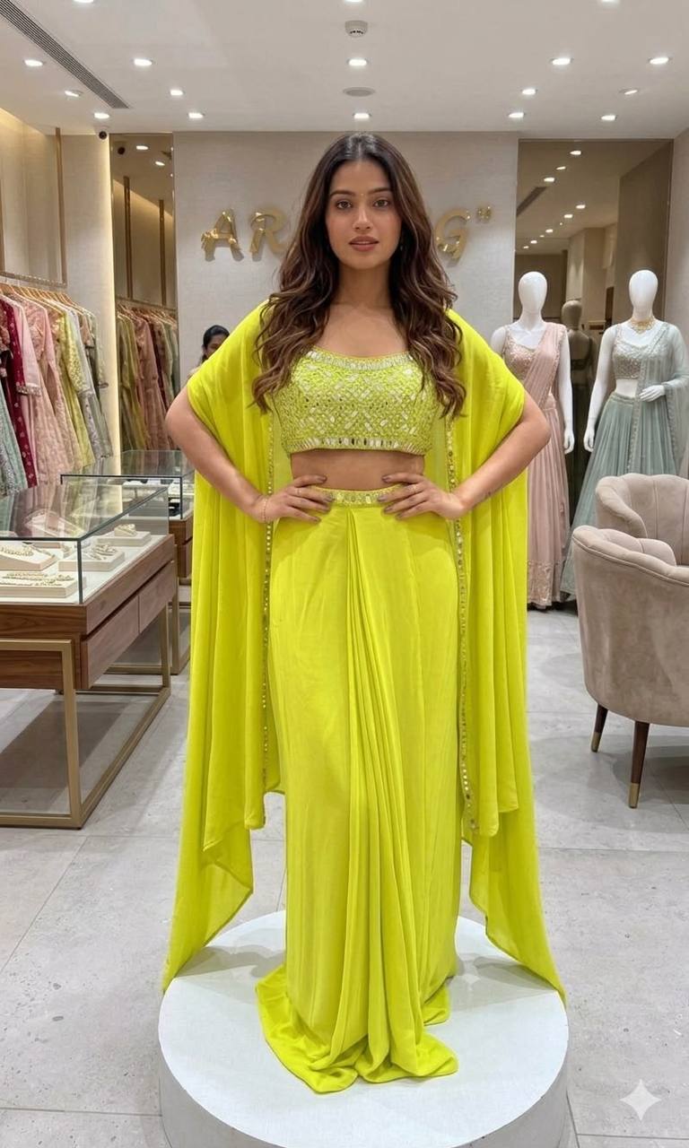 Lime Yellow Mirror Work Salwar Suit Party Wear with Long Shrug