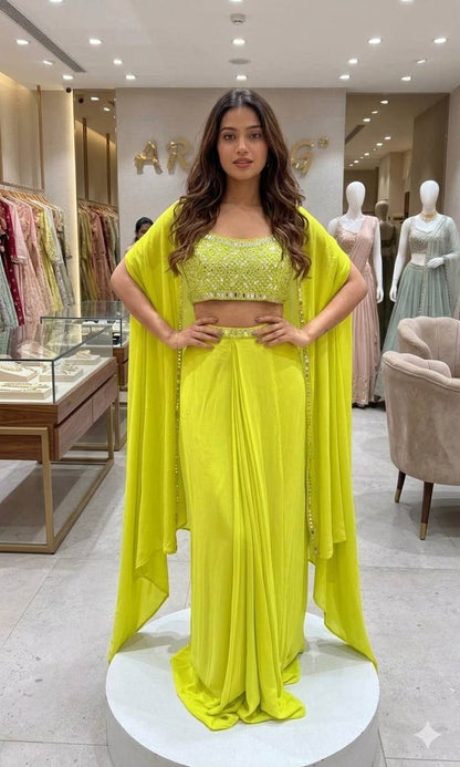 Lime Yellow Mirror Work Salwar Suit Party Wear with Long Shrug