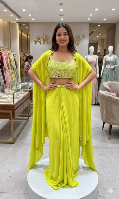 Lime Yellow Mirror Work Salwar Suit Party Wear with Long Shrug