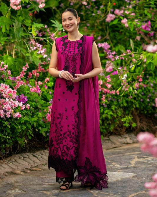 Magenta Roman Silk Embroidered Kurti Set with Dupatta