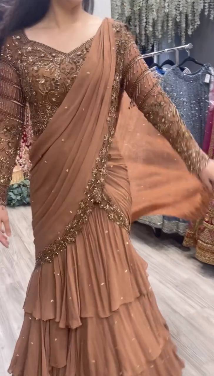 Peach Faux Georgette Ready to Wear Saree Salwar Suit