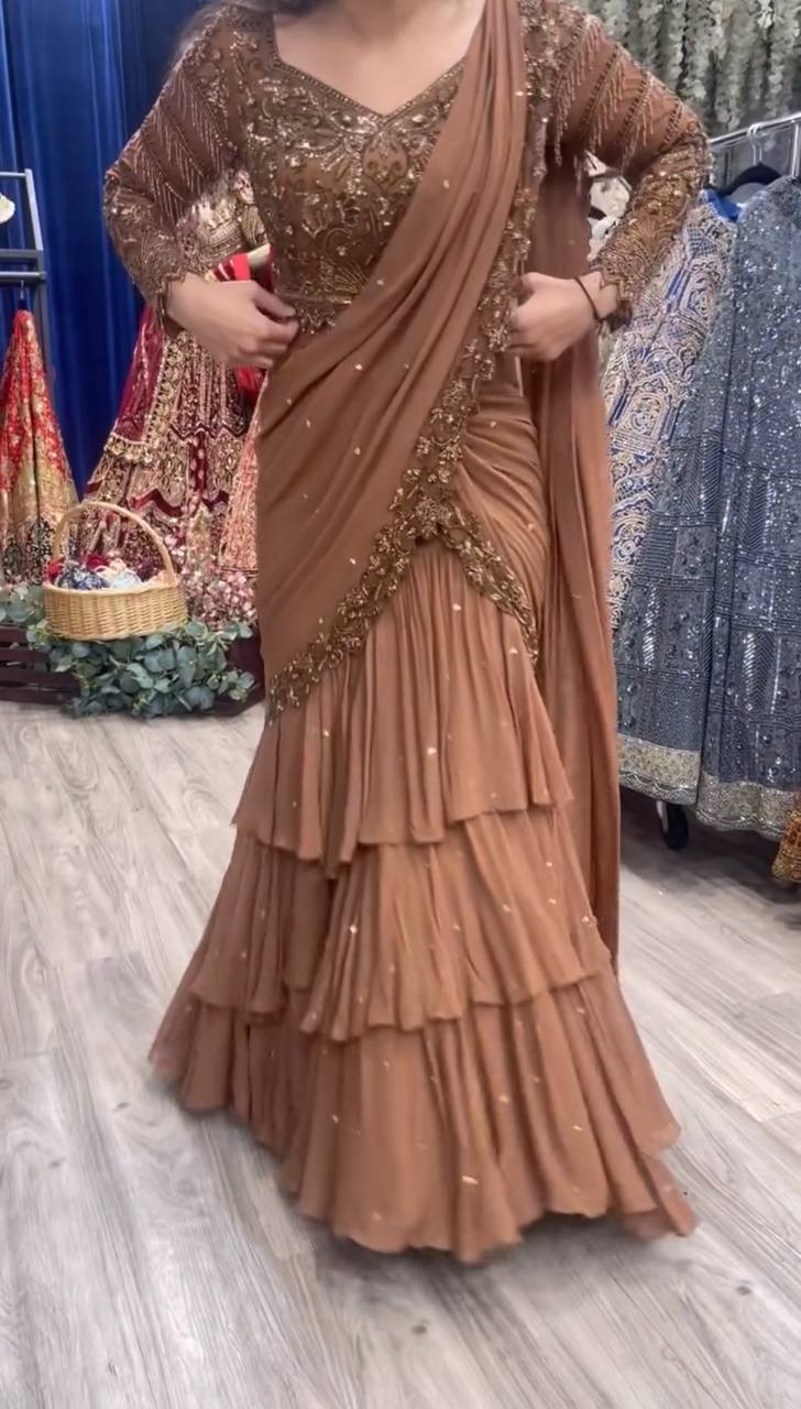 Peach Faux Georgette Ready to Wear Saree Salwar Suit