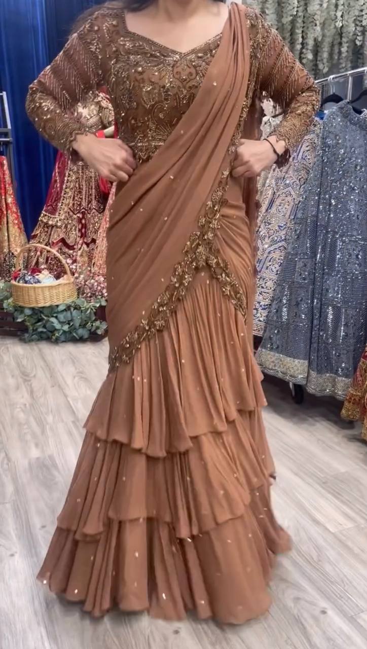 Peach Faux Georgette Ready to Wear Saree Salwar Suit