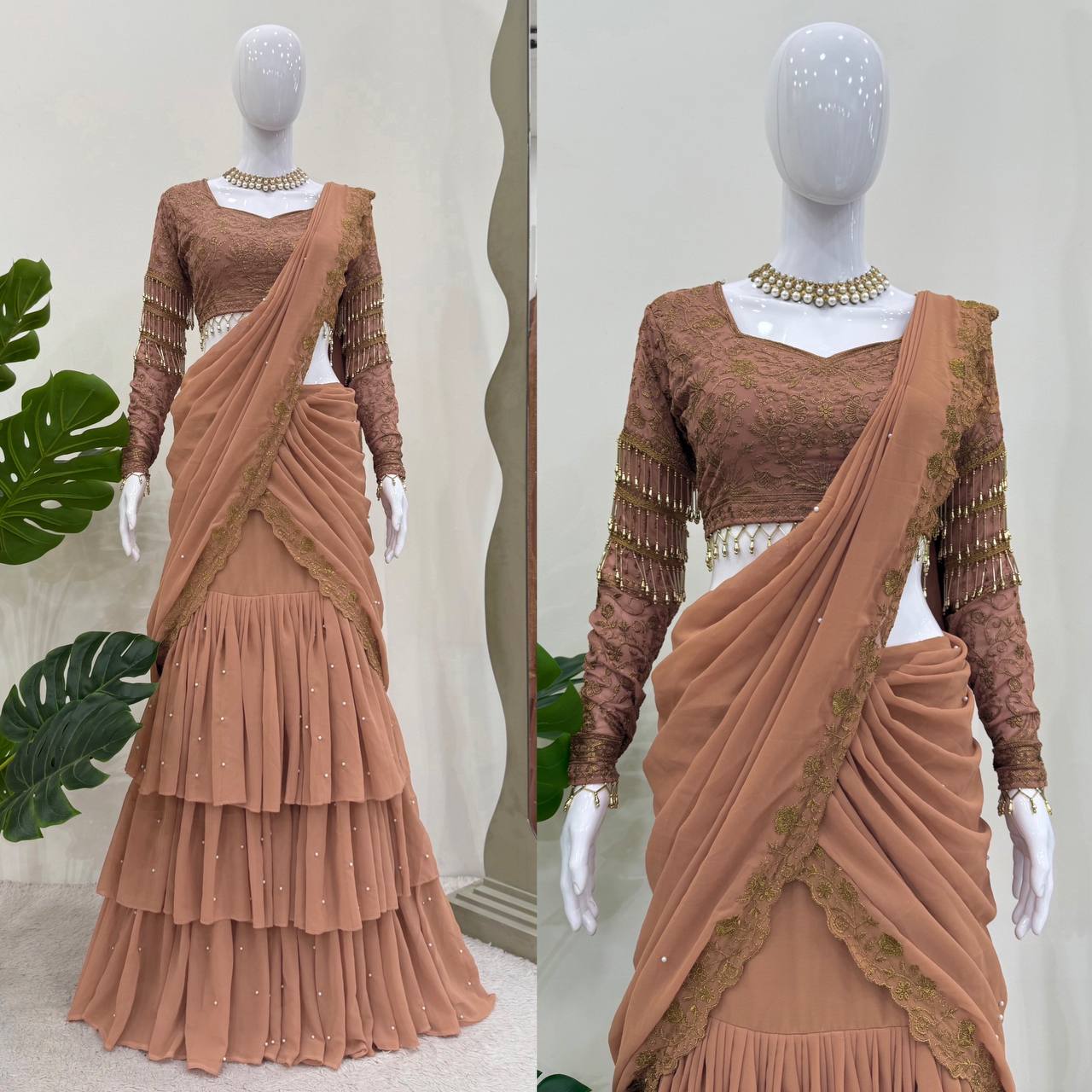 Peach Faux Georgette Ready to Wear Saree Salwar Suit