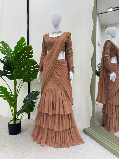 Peach Faux Georgette Ready to Wear Saree Salwar Suit