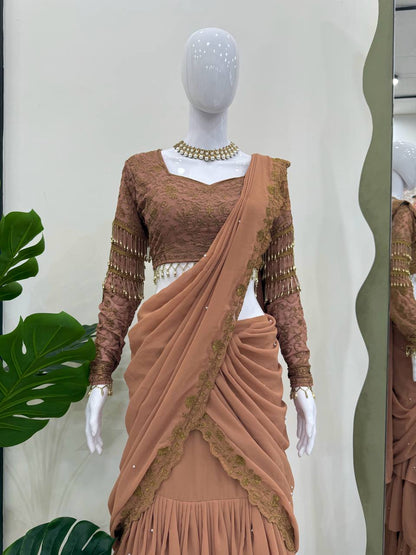 Peach Faux Georgette Ready to Wear Saree Salwar Suit