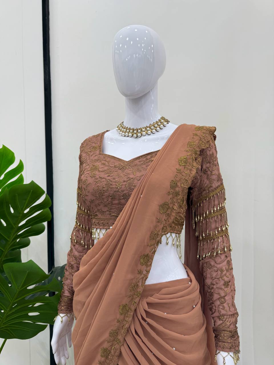 Peach Faux Georgette Ready to Wear Saree Salwar Suit