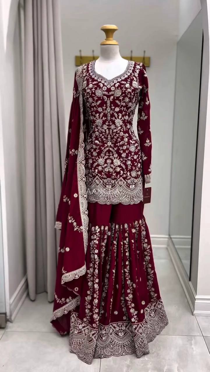 Maroon Pakistani Suit Sharara Set - Party Wear Salwar Kameez