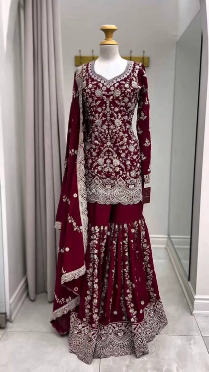 Maroon Pakistani Suit Sharara Set - Party Wear Salwar Kameez