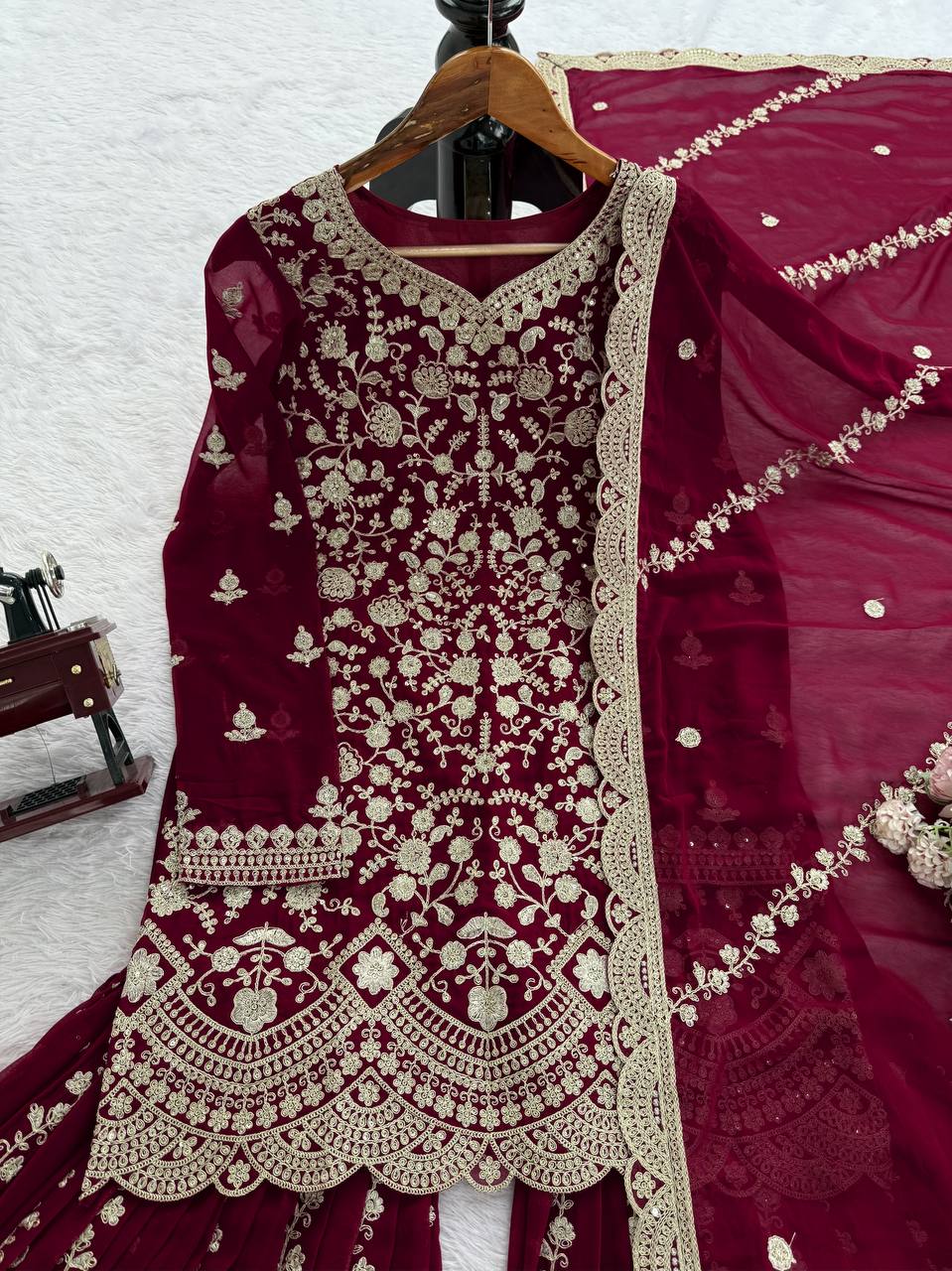 Maroon Pakistani Suit Sharara Set - Party Wear Salwar Kameez