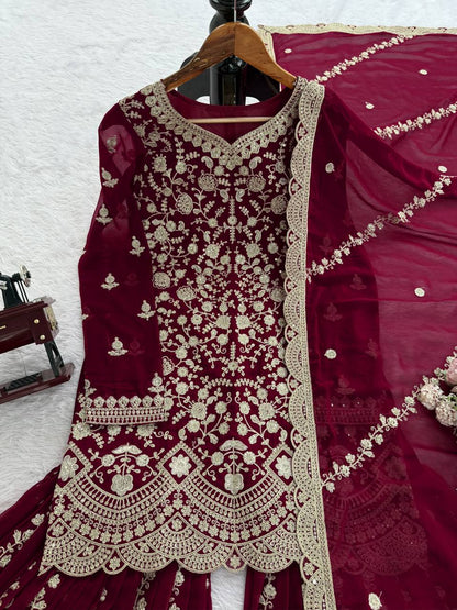 Maroon Pakistani Suit Sharara Set - Party Wear Salwar Kameez