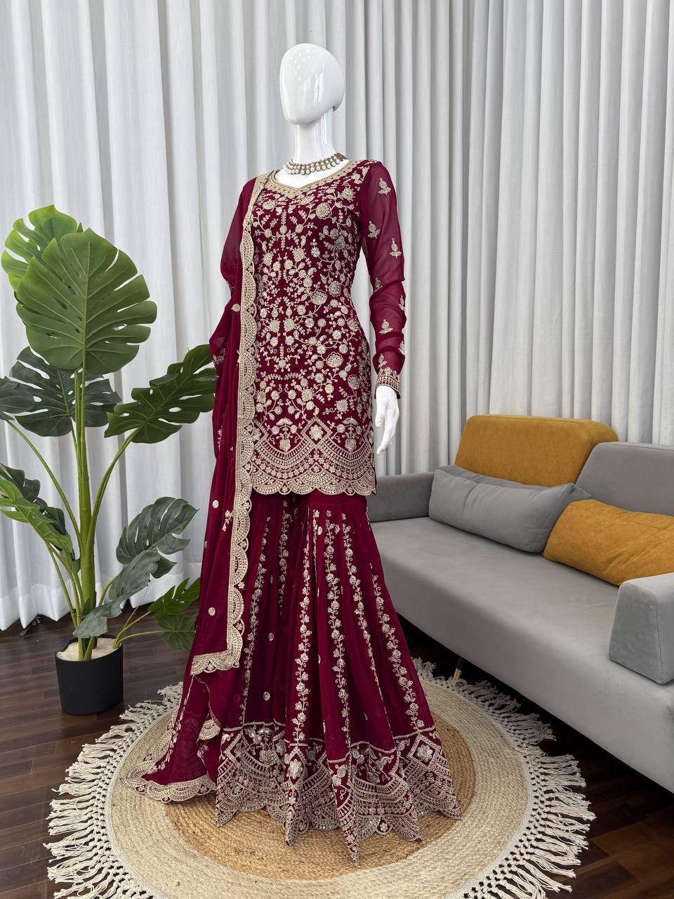 Maroon Pakistani Suit Sharara Set - Party Wear Salwar Kameez