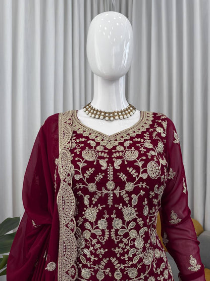 Maroon Pakistani Suit Sharara Set - Party Wear Salwar Kameez