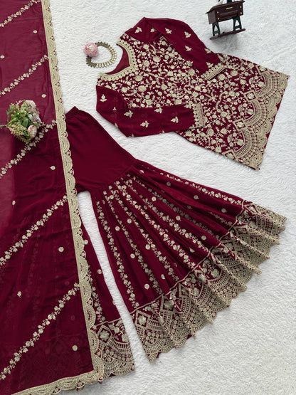 Maroon Pakistani Suit Sharara Set - Party Wear Salwar Kameez