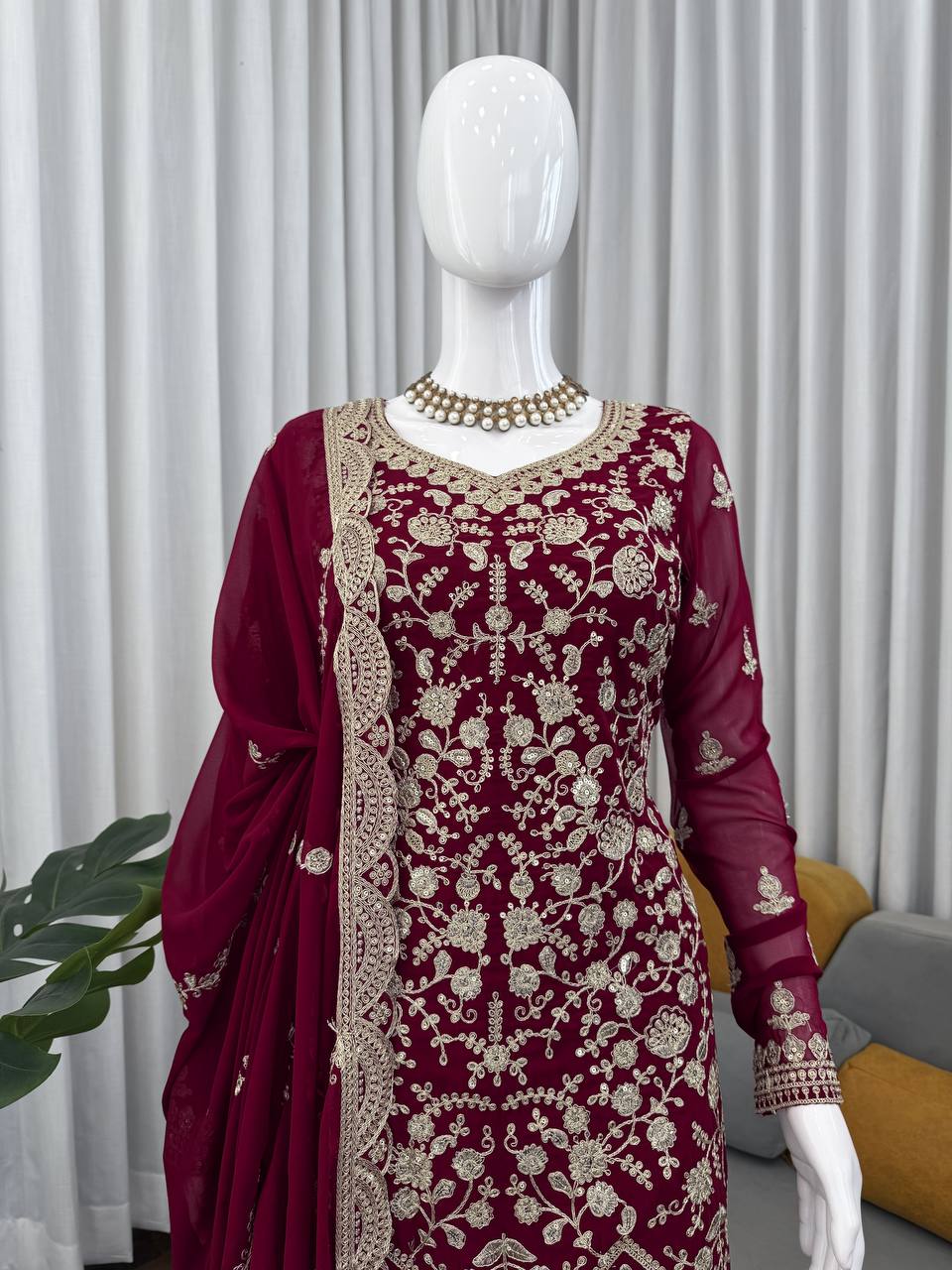 Maroon Pakistani Suit Sharara Set - Party Wear Salwar Kameez