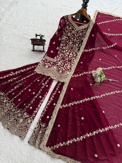 Maroon Pakistani Suit Sharara Set - Party Wear Salwar Kameez
