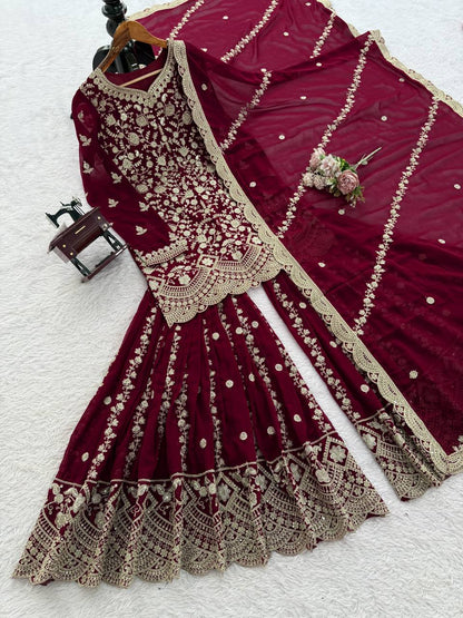 Maroon Pakistani Suit Sharara Set - Party Wear Salwar Kameez