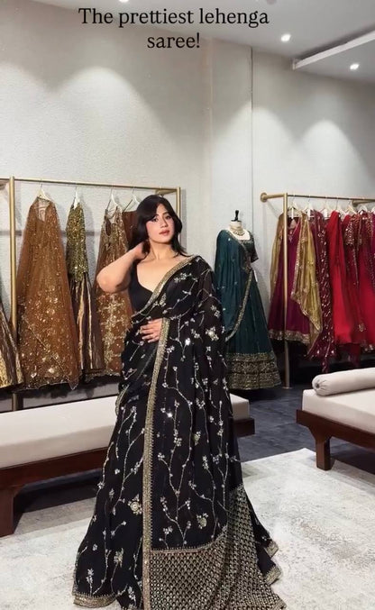 Black Designer Georgette Lehenga Saree for Women