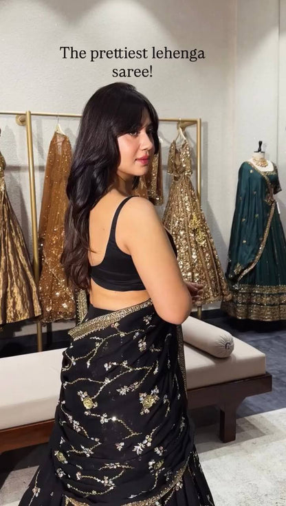 Black Designer Georgette Lehenga Saree for Women