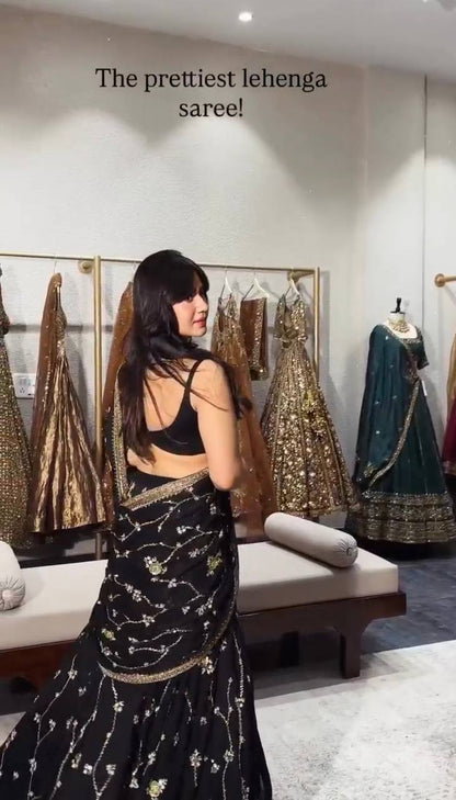 Black Designer Georgette Lehenga Saree for Women