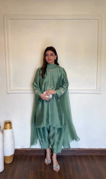 Green American Silk Salwar Suit Party Wear for Women