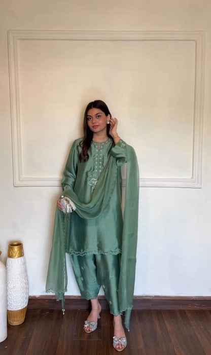 Green American Silk Salwar Suit Party Wear for Women