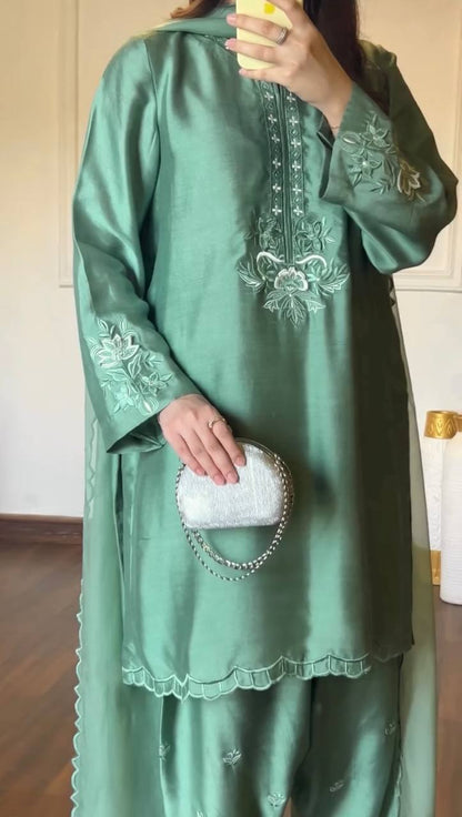 Green American Silk Salwar Suit Party Wear for Women