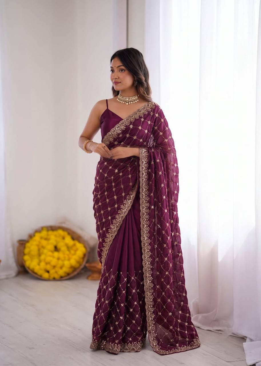 Fendy Silk Heavy Beads and Sequence Work Designer Saree