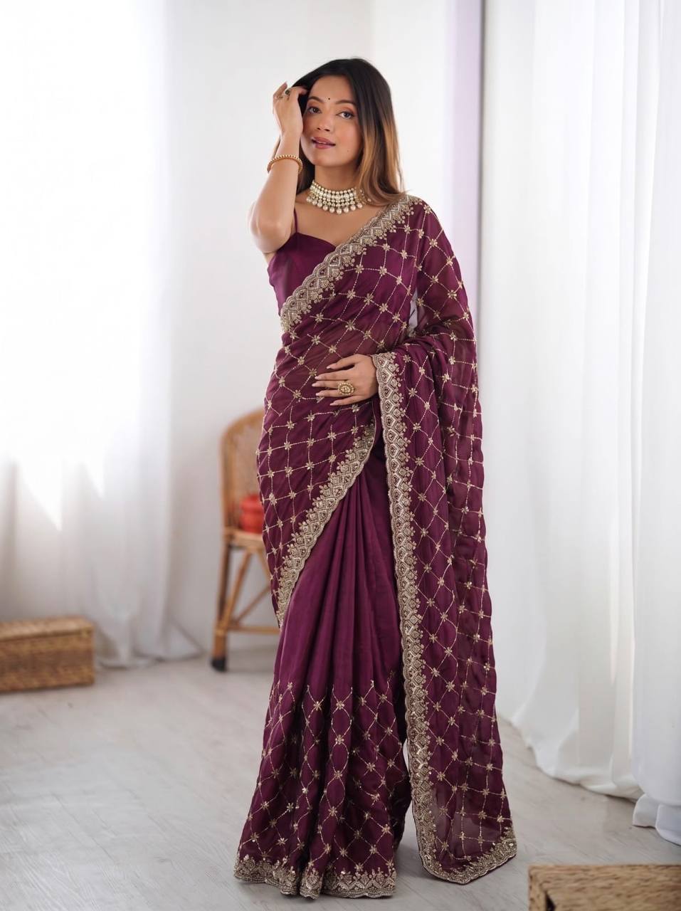 Fendy Silk Heavy Beads and Sequence Work Designer Saree
