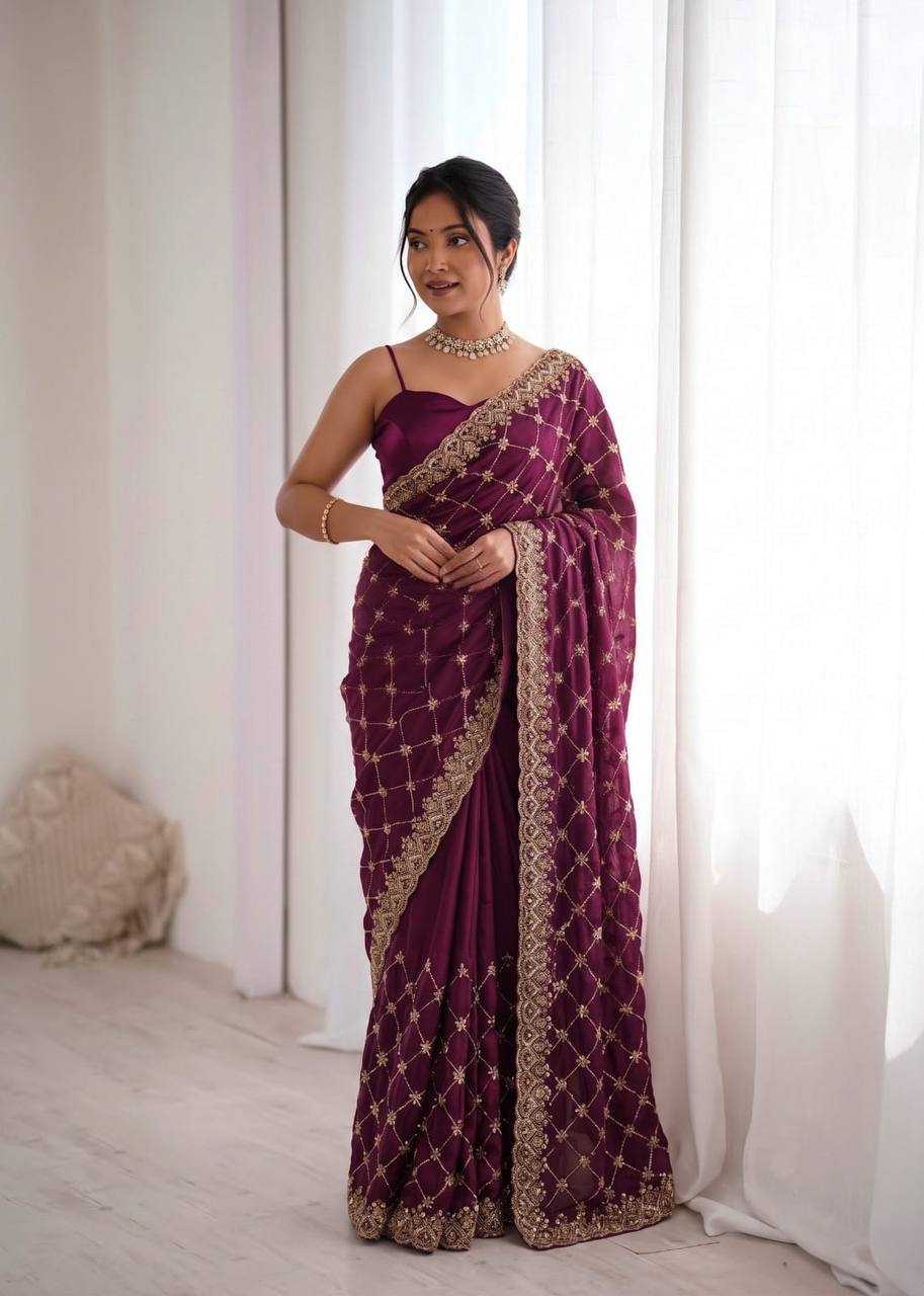 Fendy Silk Heavy Beads and Sequence Work Designer Saree