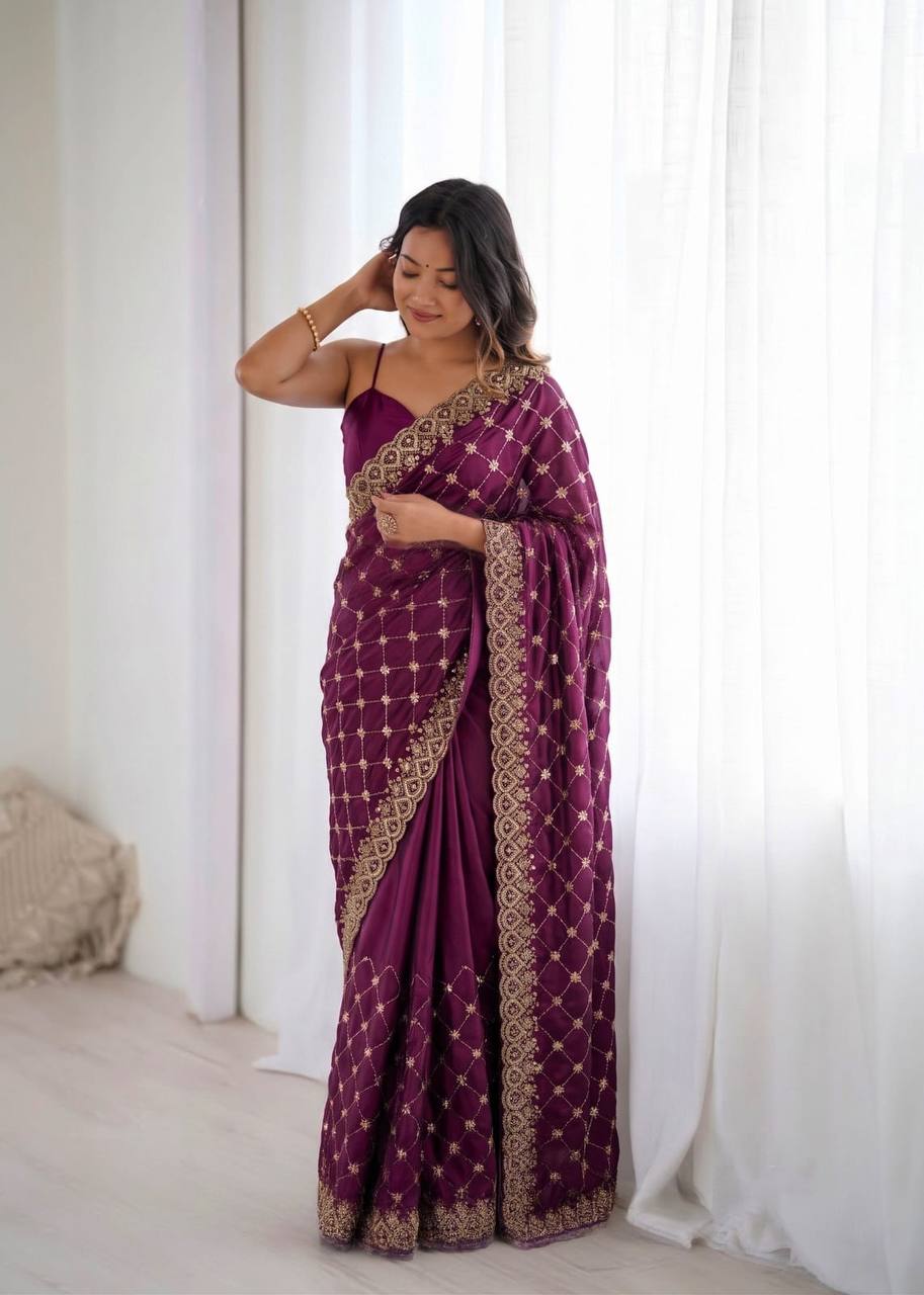 Fendy Silk Heavy Beads and Sequence Work Designer Saree
