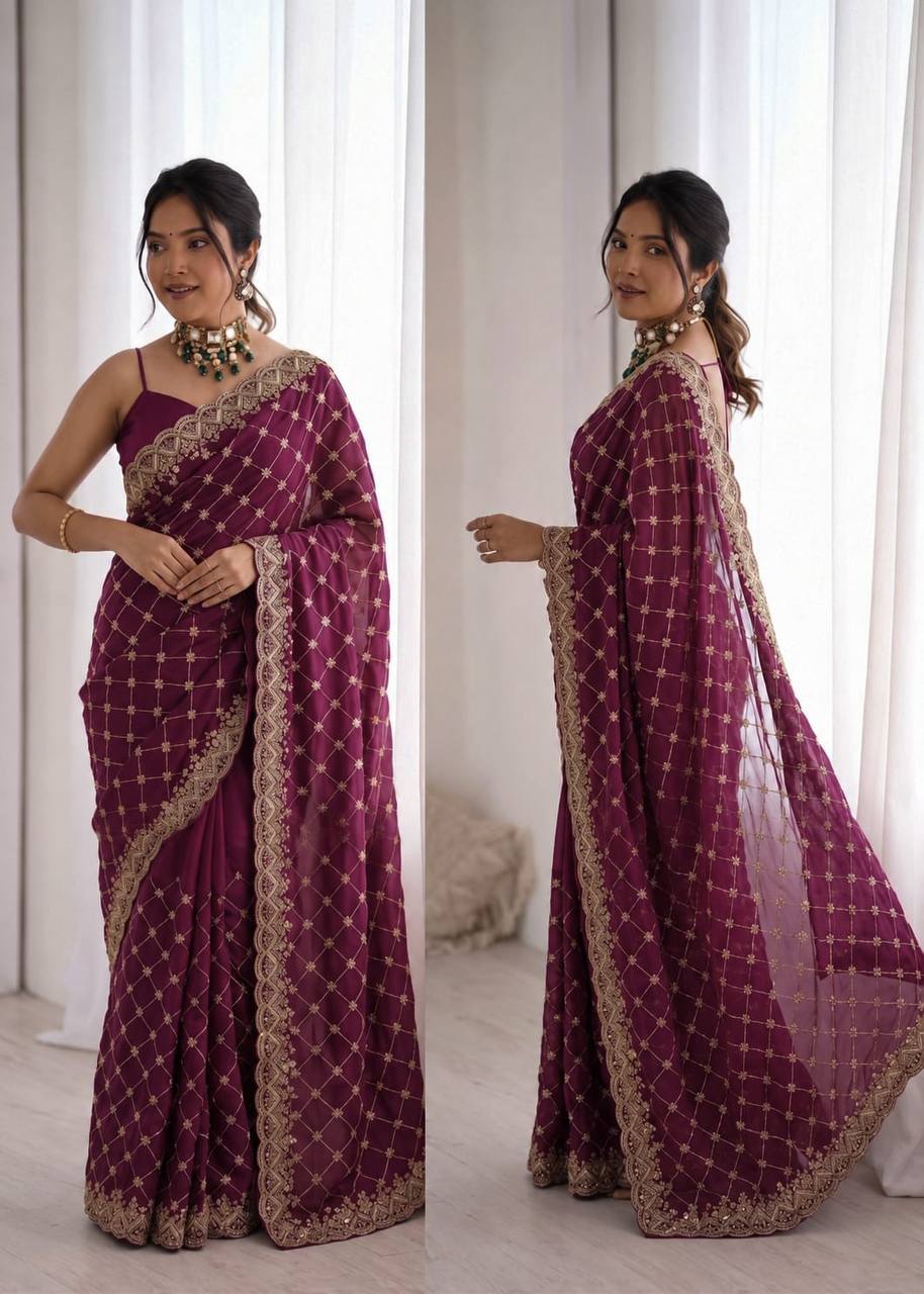 Fendy Silk Heavy Beads and Sequence Work Designer Saree