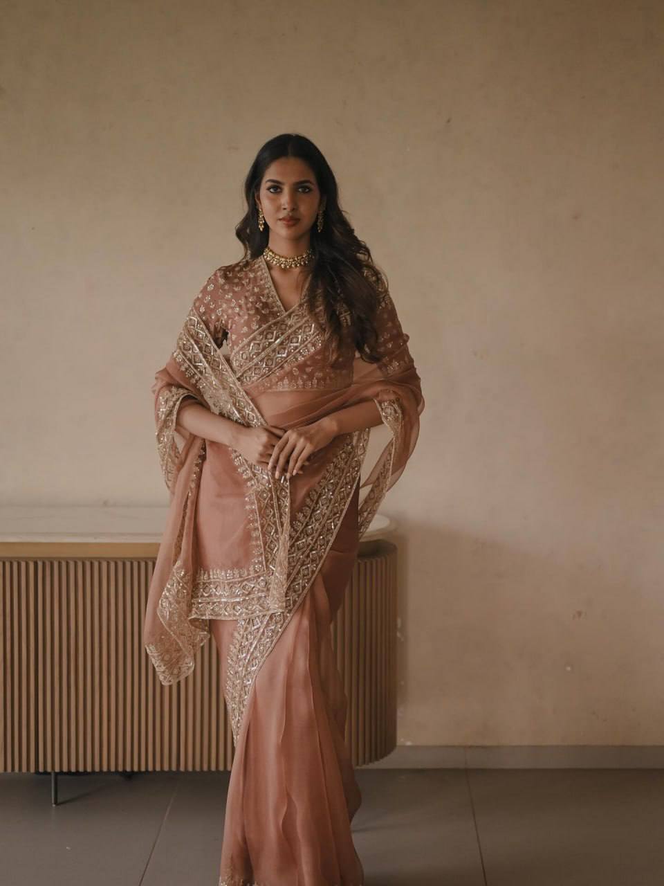 Dusty Peach Silk Party Wear Saree for Women with Sequence Work