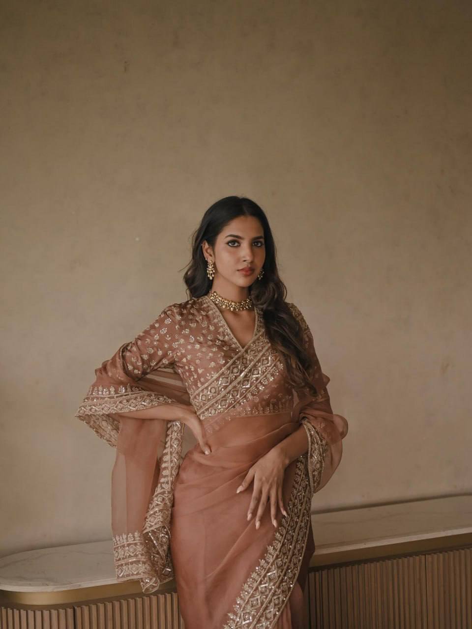 Dusty Peach Silk Party Wear Saree for Women with Sequence Work