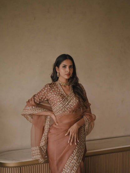 Dusty Peach Silk Party Wear Saree for Women with Sequence Work