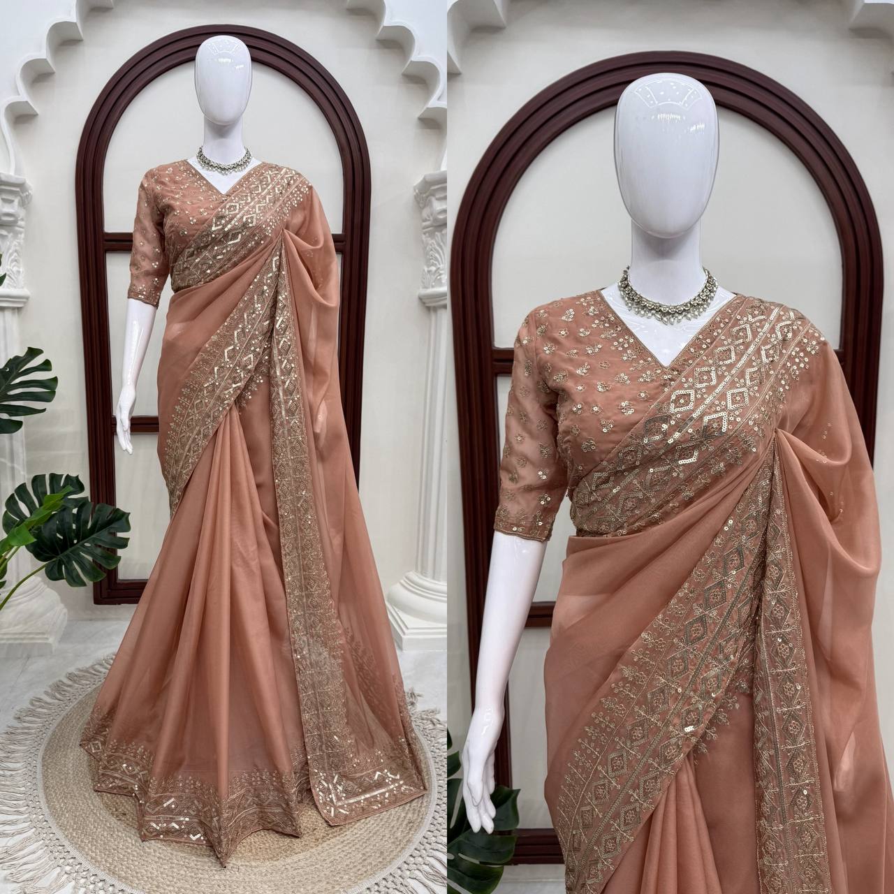 Dusty Peach Silk Party Wear Saree for Women with Sequence Work