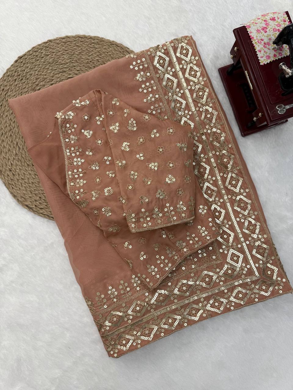 Dusty Peach Silk Party Wear Saree for Women with Sequence Work