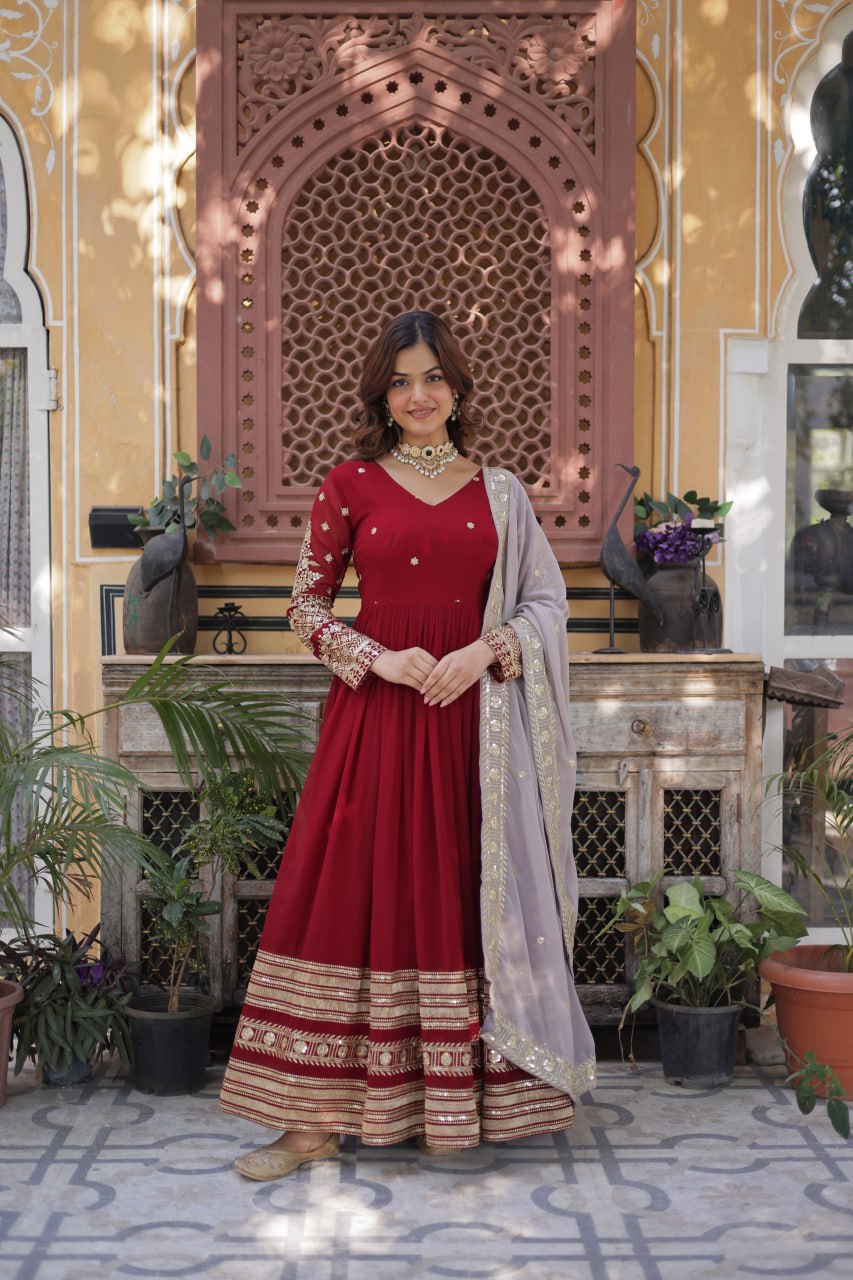 Red Anarkali Dress for Women with Sequins Work