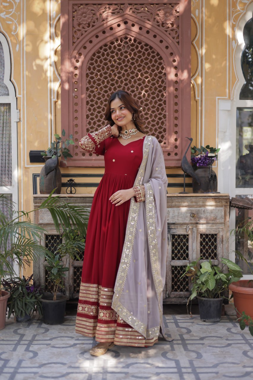 Red Anarkali Dress for Women with Sequins Work