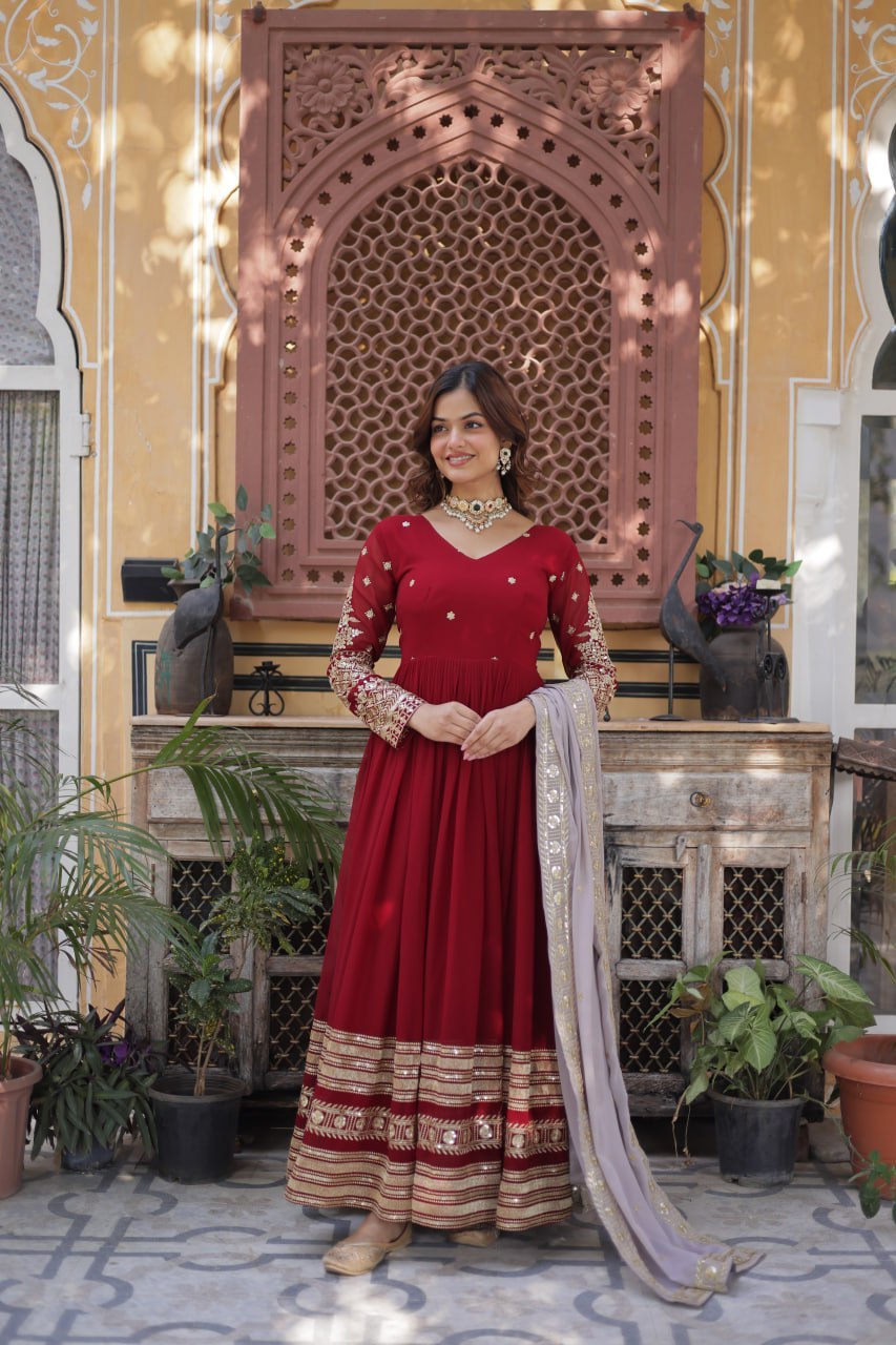 Red Anarkali Dress for Women with Sequins Work