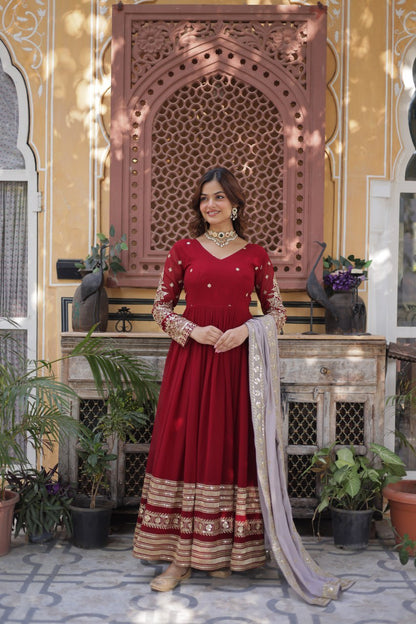 Red Anarkali Dress for Women with Sequins Work