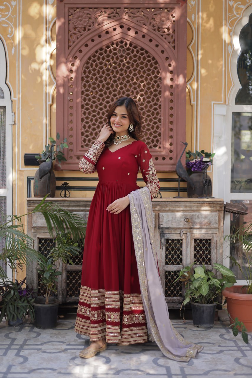 Red Anarkali Dress for Women with Sequins Work