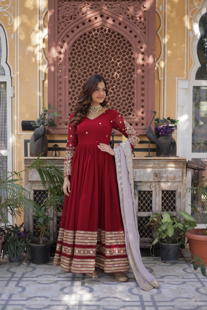 Red Anarkali Dress for Women with Sequins Work