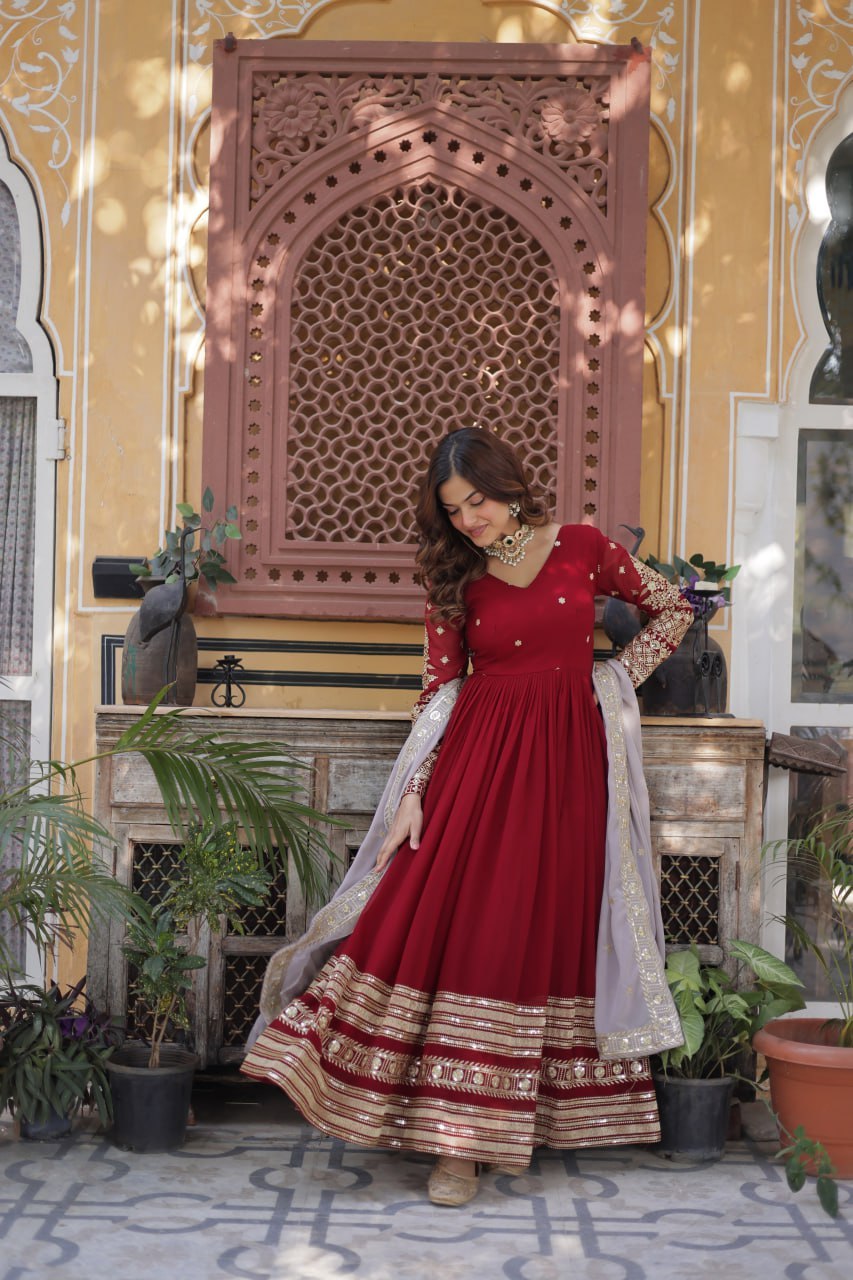 Red Anarkali Dress for Women with Sequins Work
