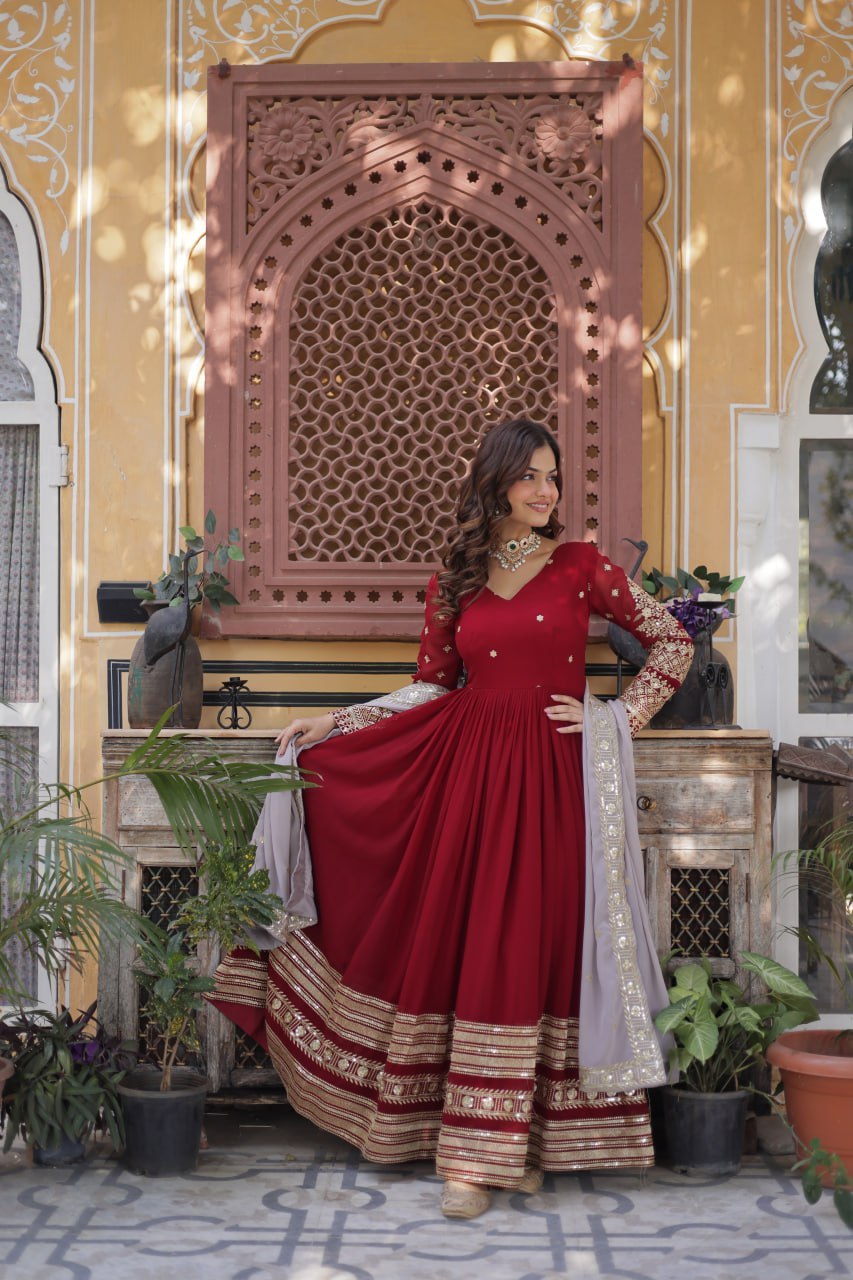 Red Anarkali Dress for Women with Sequins Work