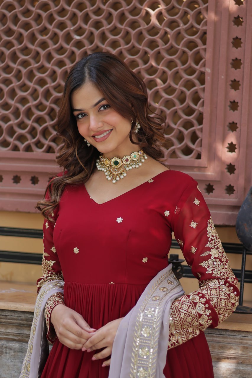 Red Anarkali Dress for Women with Sequins Work