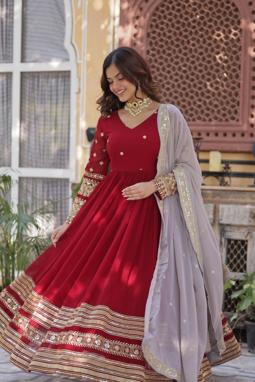 Red Anarkali Dress for Women with Sequins Work